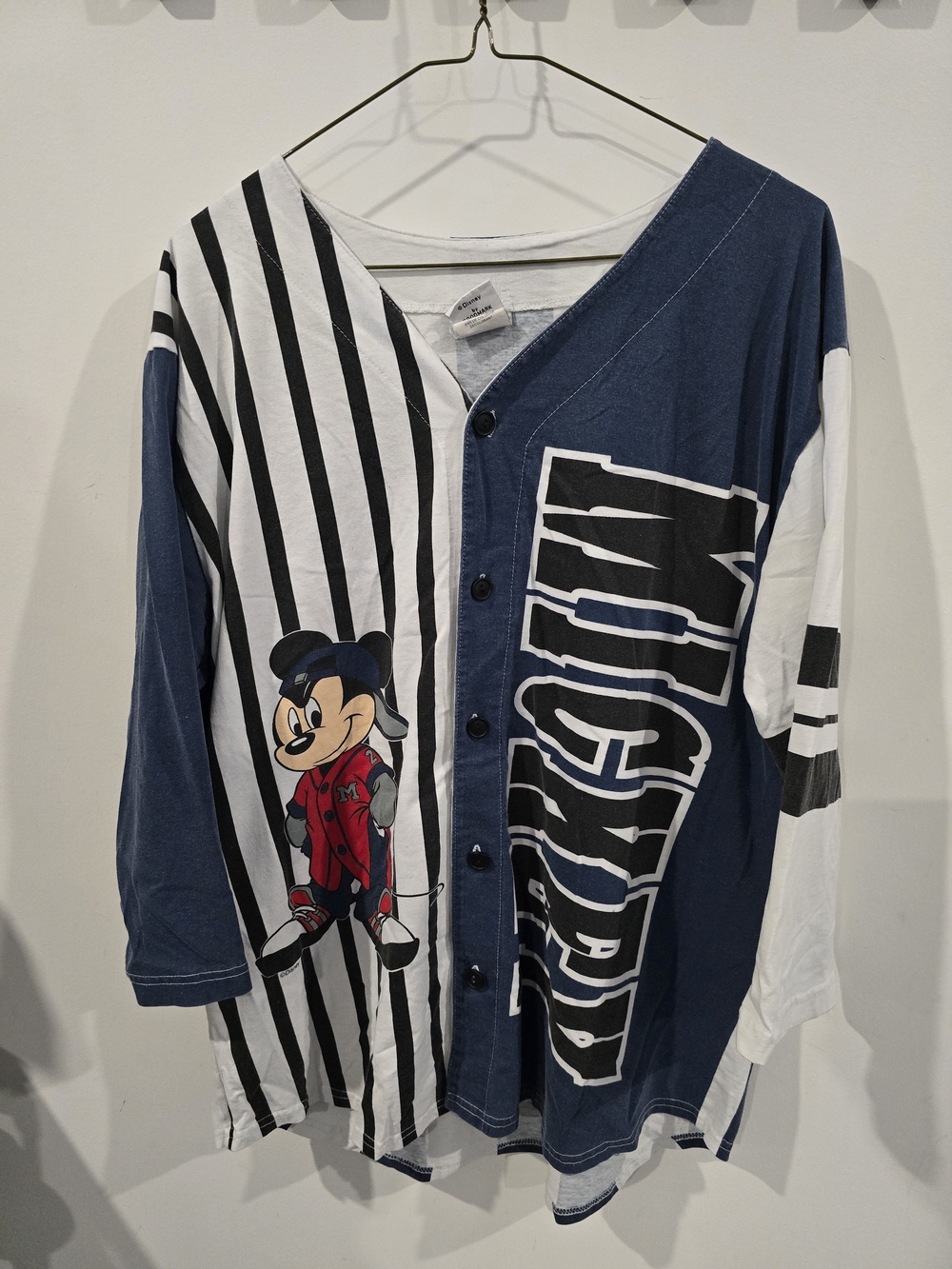 Vintage Navy & White Mickey Graphic Baseball-Style Button Front Top